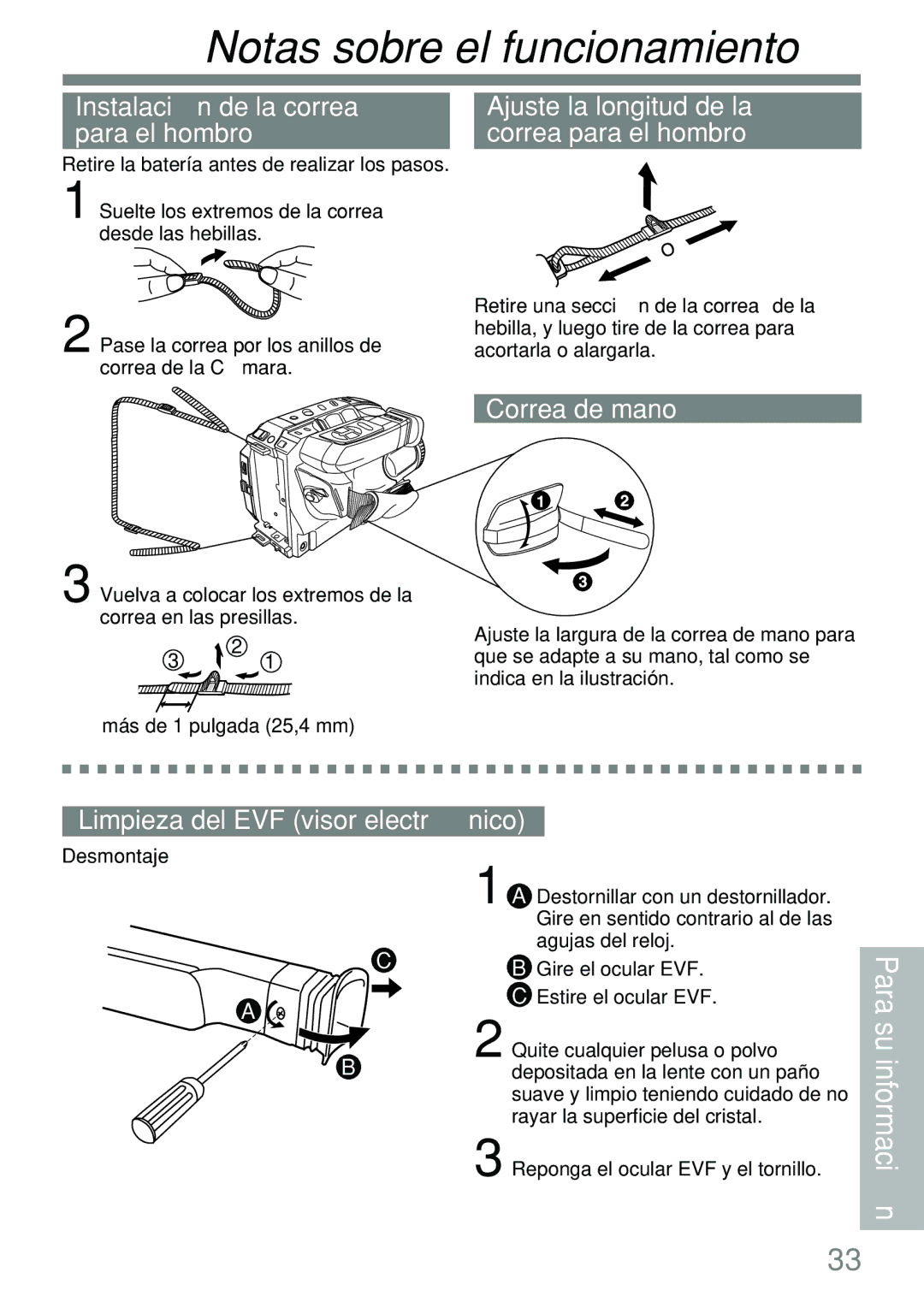 Panasonic PV-L591 Notas sobre el funcionamiento, Instalación de la correa para el hombro, Correa de mano 