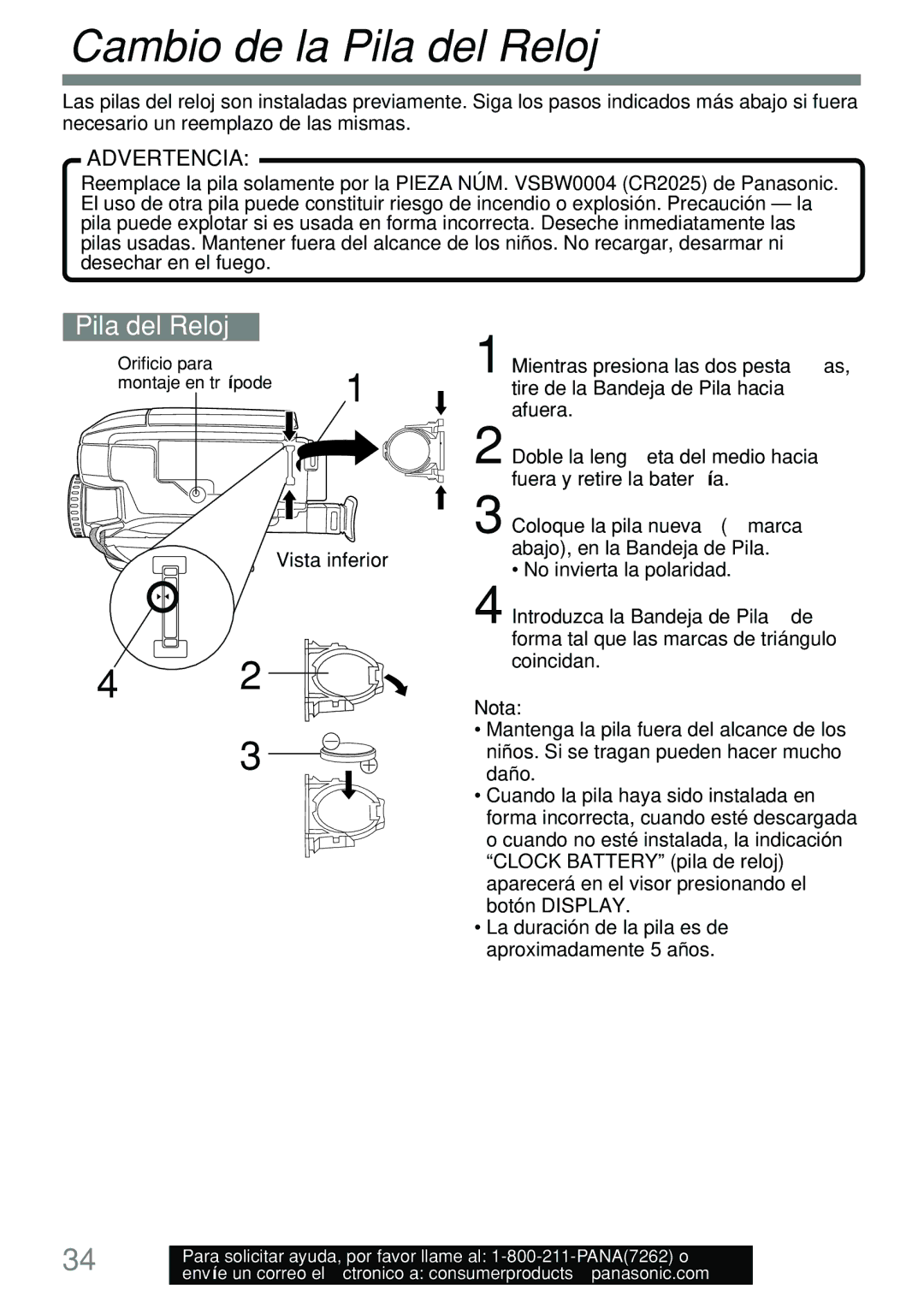 Panasonic PV-L591 operating instructions Cambio de la Pila del Reloj 