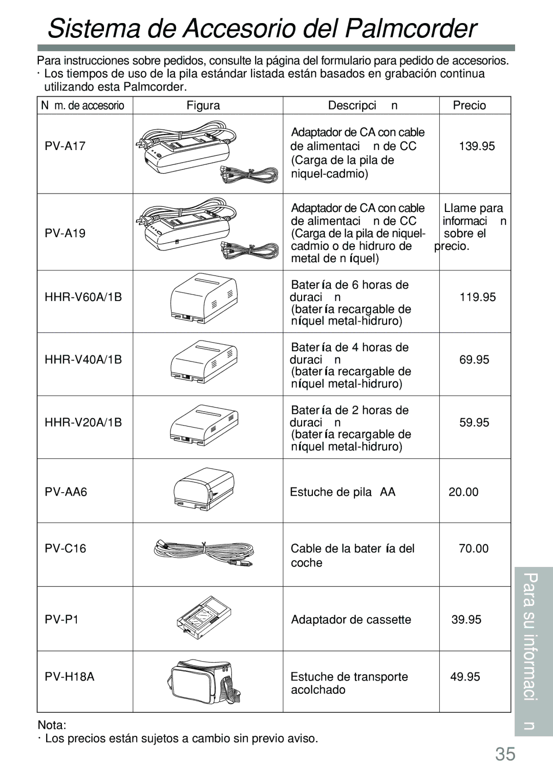 Panasonic PV-L591 operating instructions Sistema de Accesorio del Palmcorder, Núm. de accesorio 