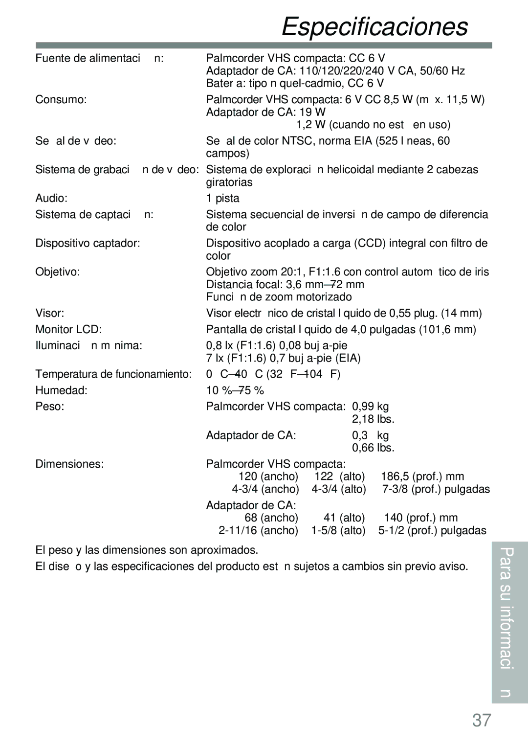 Panasonic PV-L591 operating instructions Especificaciones 