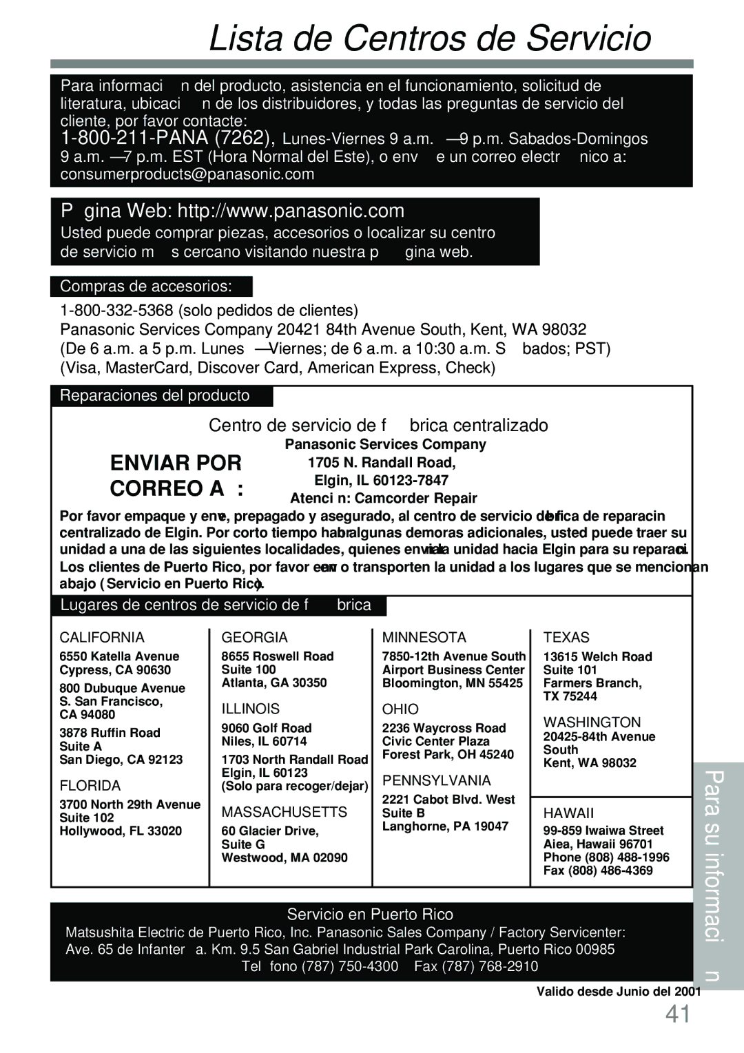 Panasonic PV-L591 operating instructions Lista de Centros de Servicio, Centro de servicio de fábrica centralizado 