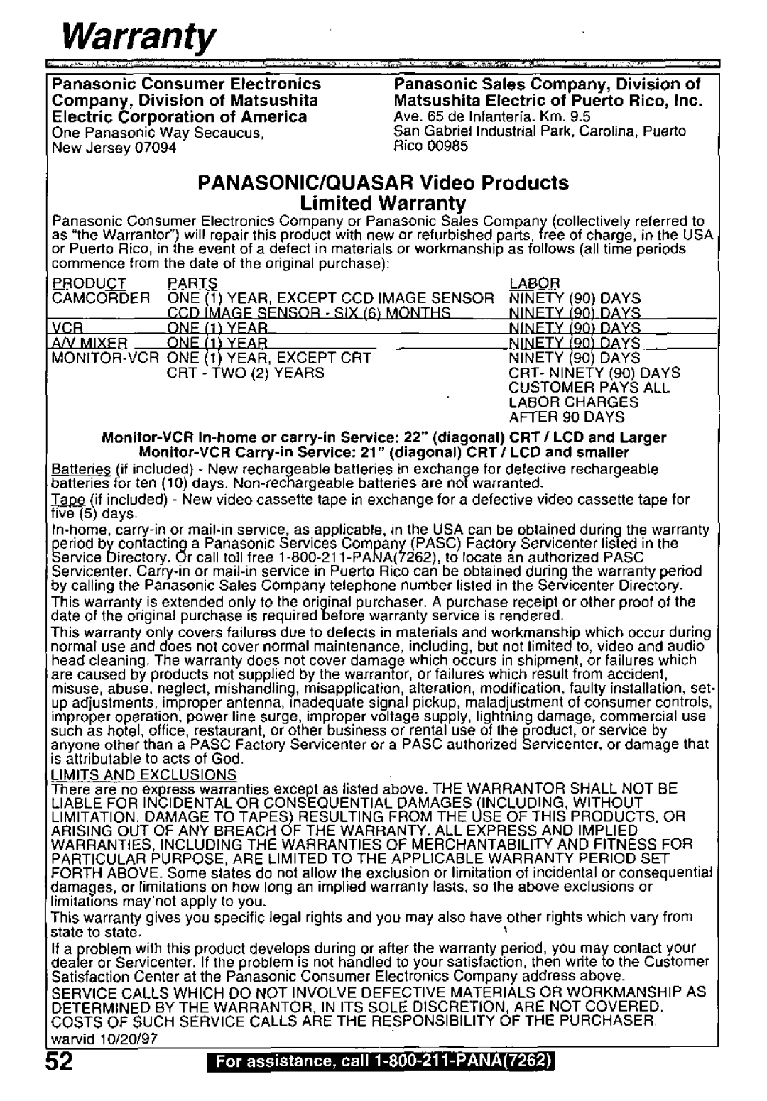 Panasonic PV-L600 manual 