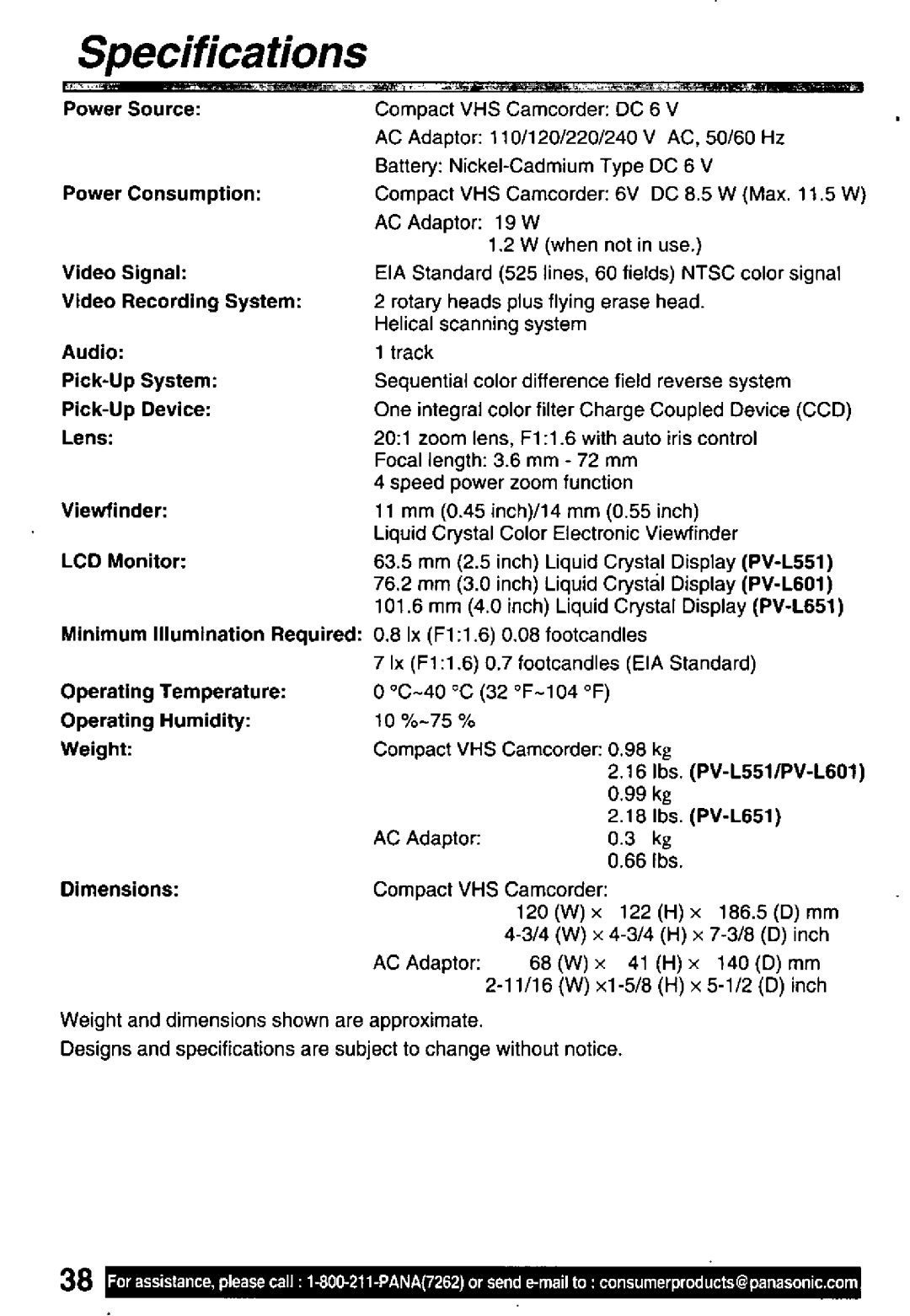 Panasonic PV-L551, PV-L601, PV-L651 manual 