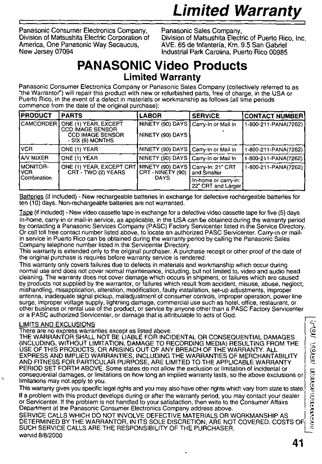 Panasonic PV-L51, PV-L61 manual 