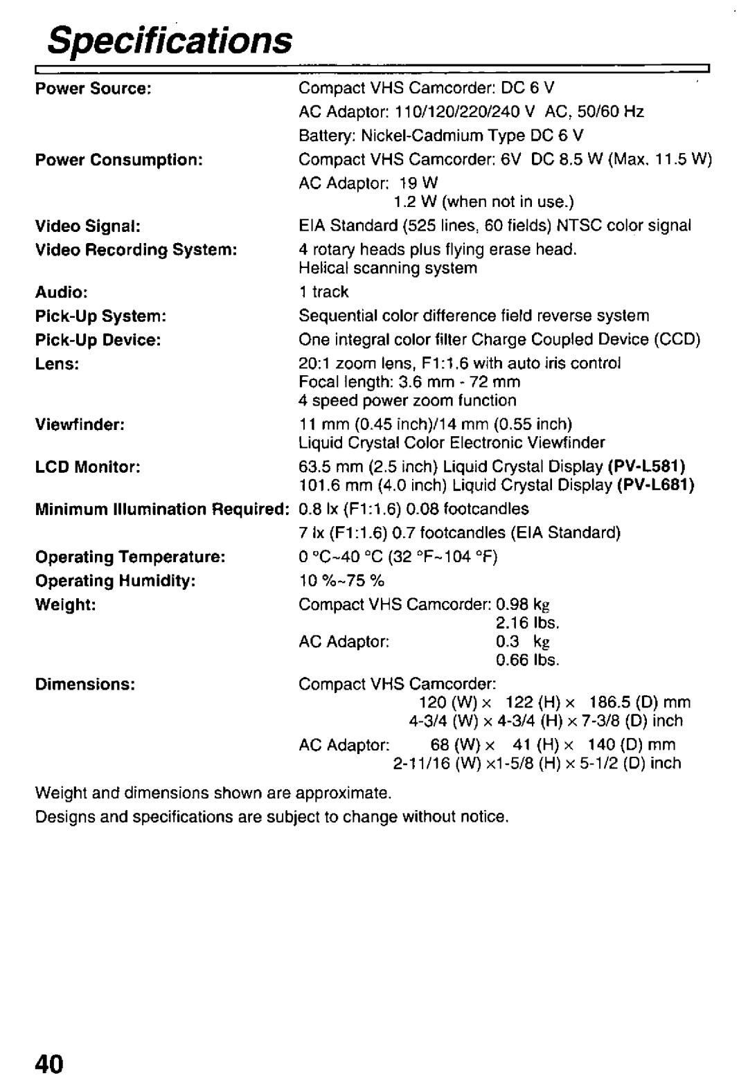 Panasonic PV-L681, PV-L581 manual 