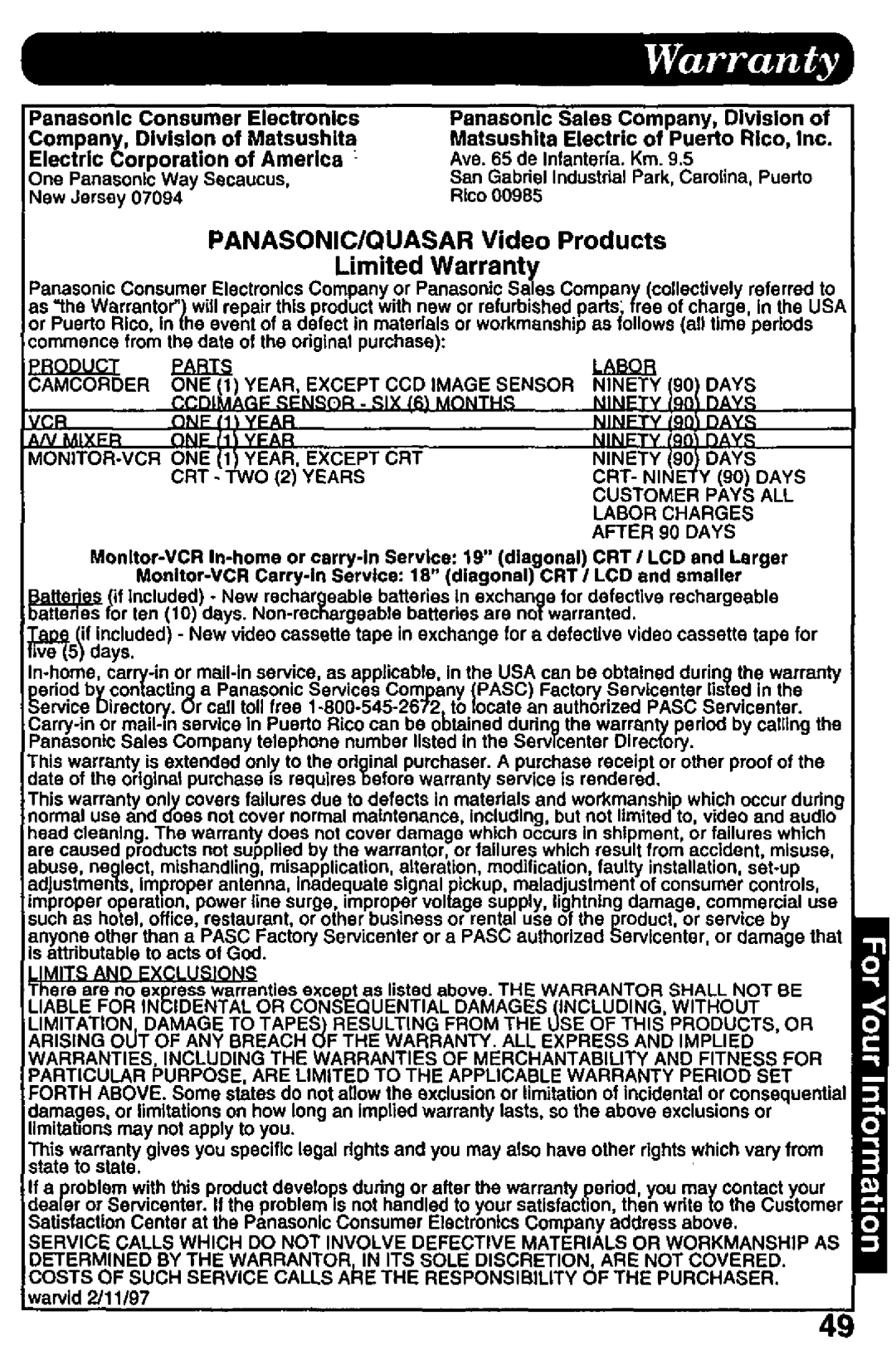 Panasonic PV-L757 manual 