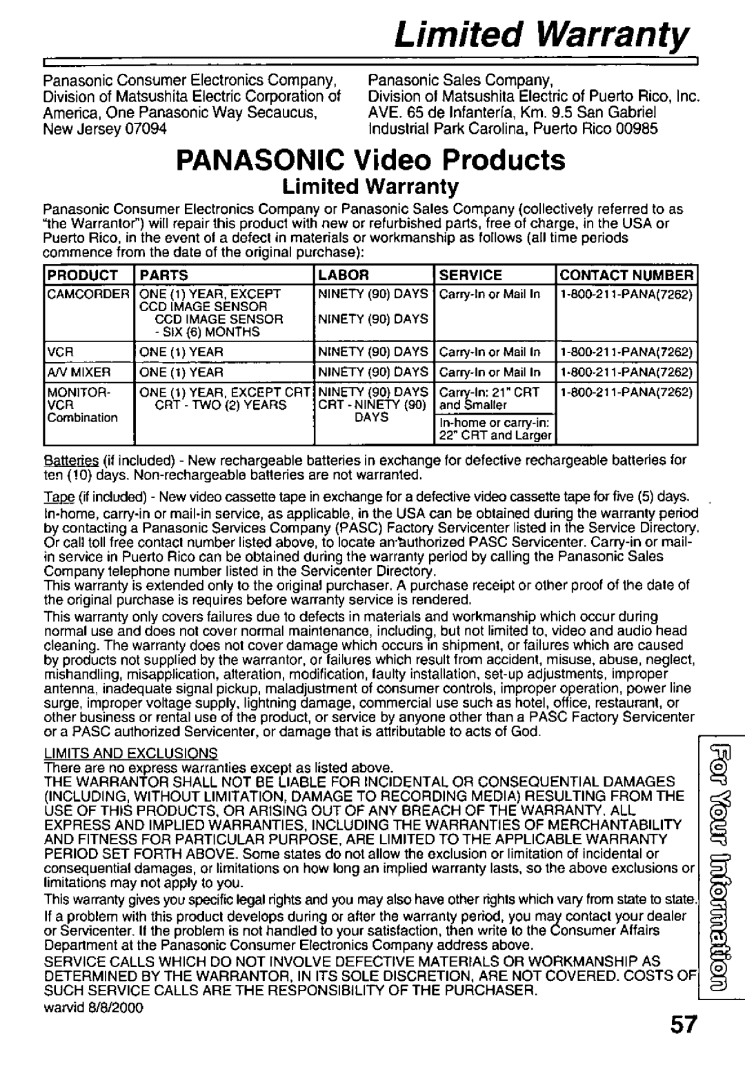 Panasonic PV-L781 manual 