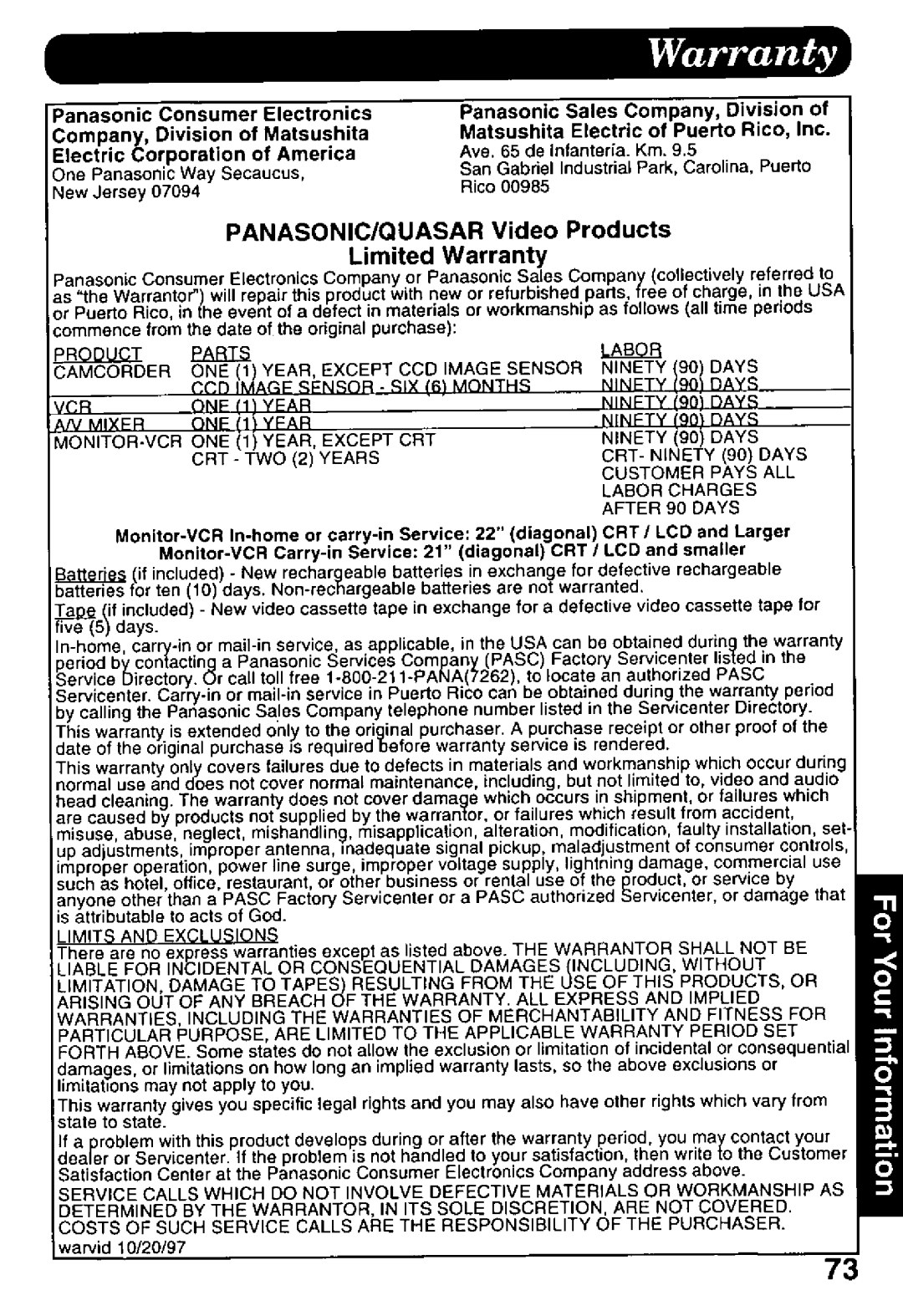 Panasonic PV-L958 manual 