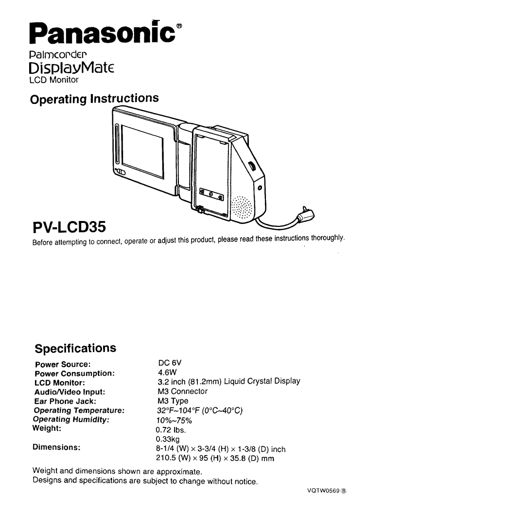 Panasonic PV-LCD35 operating instructions LCD Monitor 