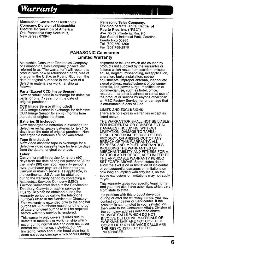 Panasonic PV-LCD35 operating instructions Panasonic Camcorder Limited Warranty, Batteries If included 