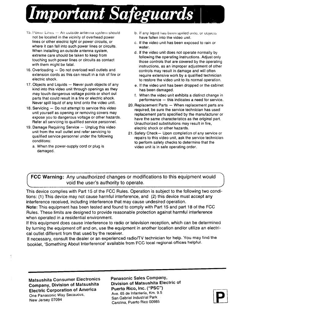 Panasonic PV-LCD35 operating instructions Fcc 