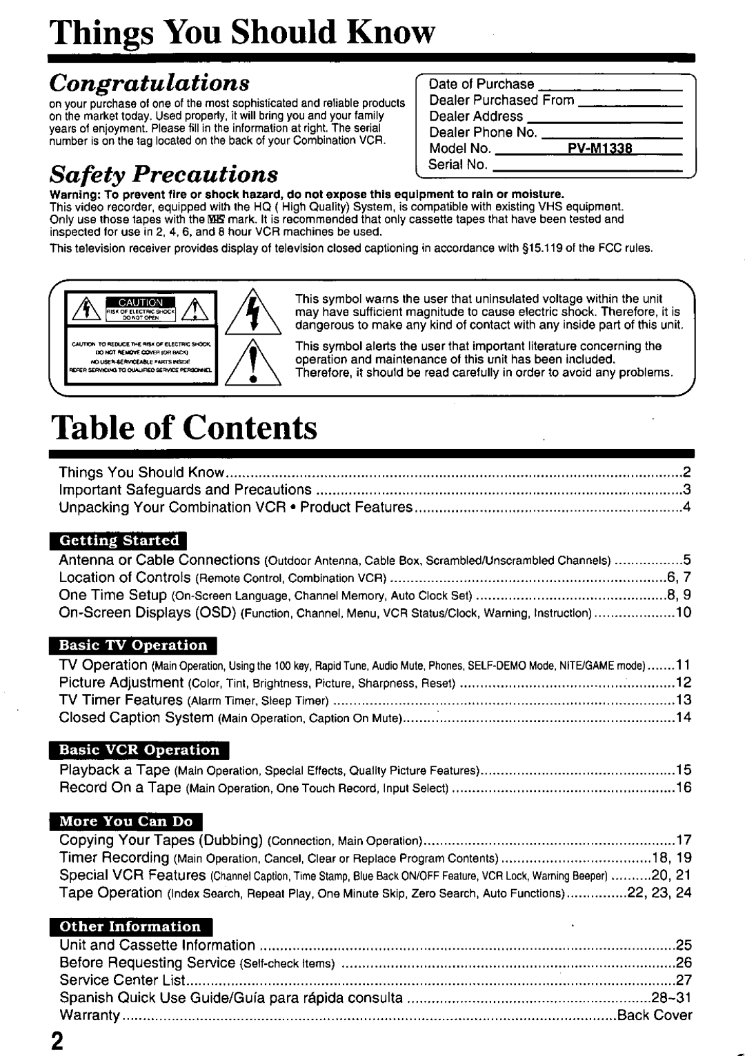 Panasonic PV-M1338 manual 