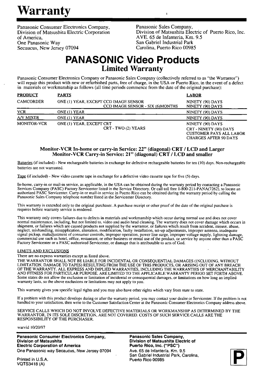 Panasonic PV-M1338 manual 