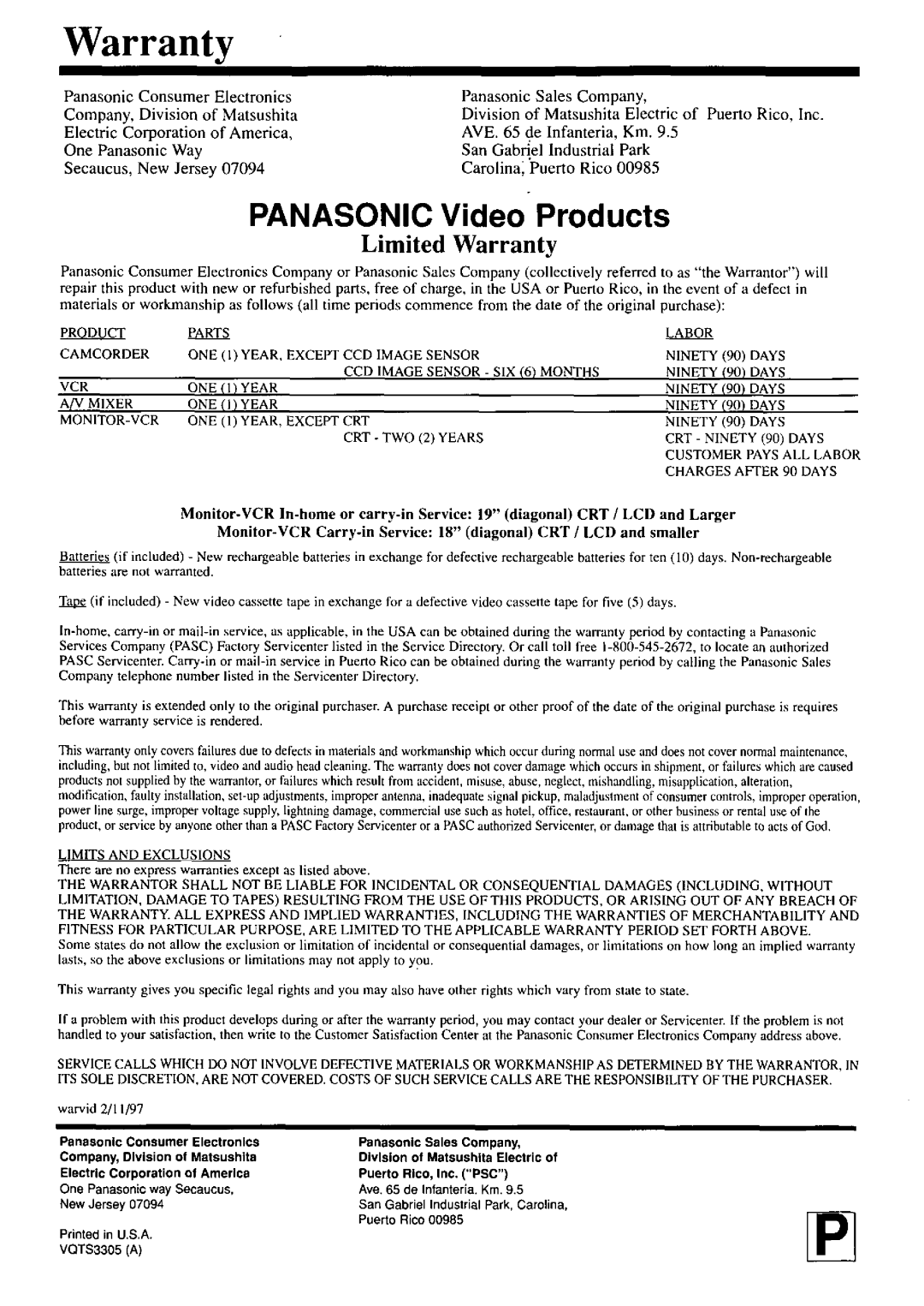 Panasonic PV-M1367AD manual 