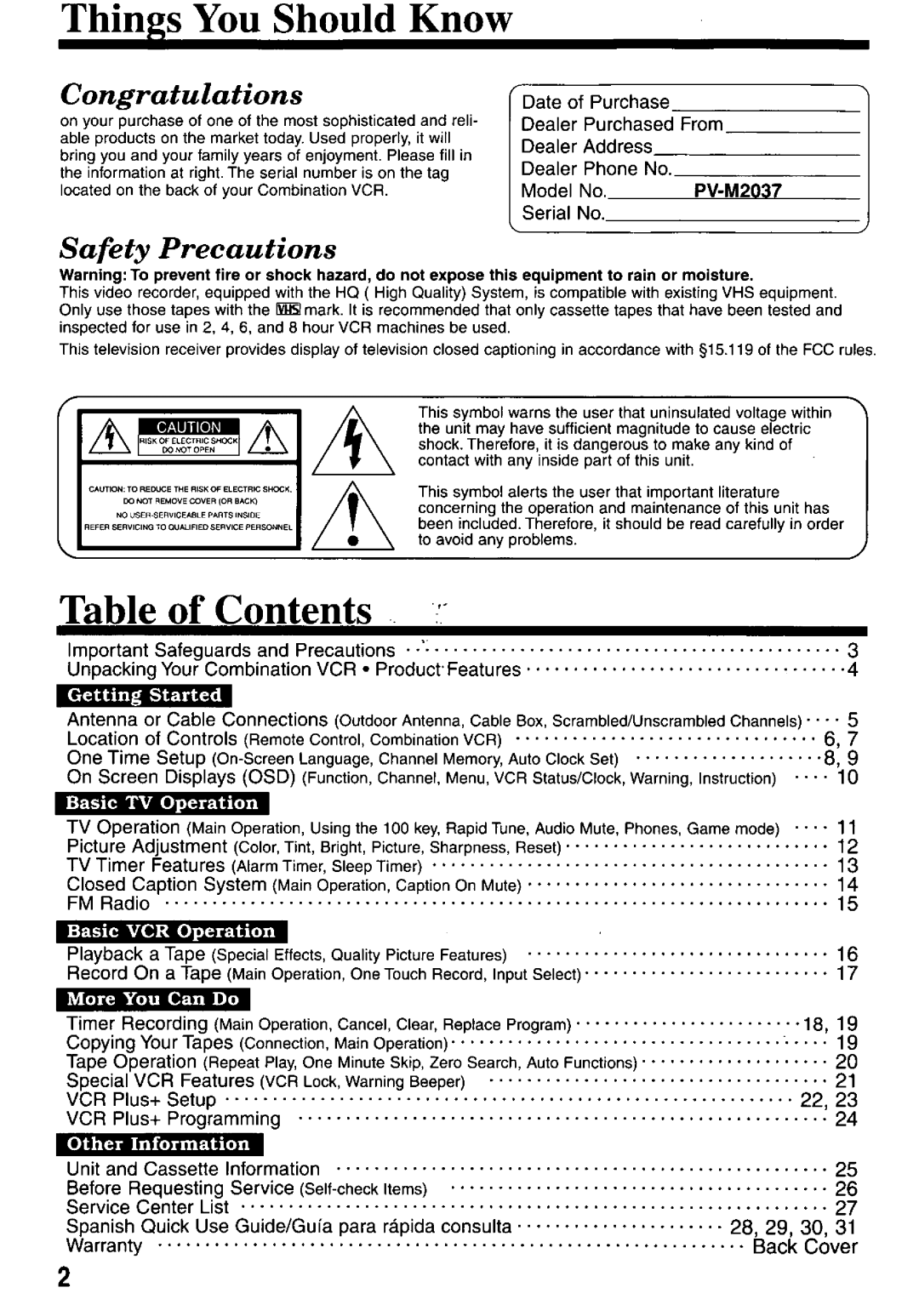 Panasonic PV-M2037 manual 