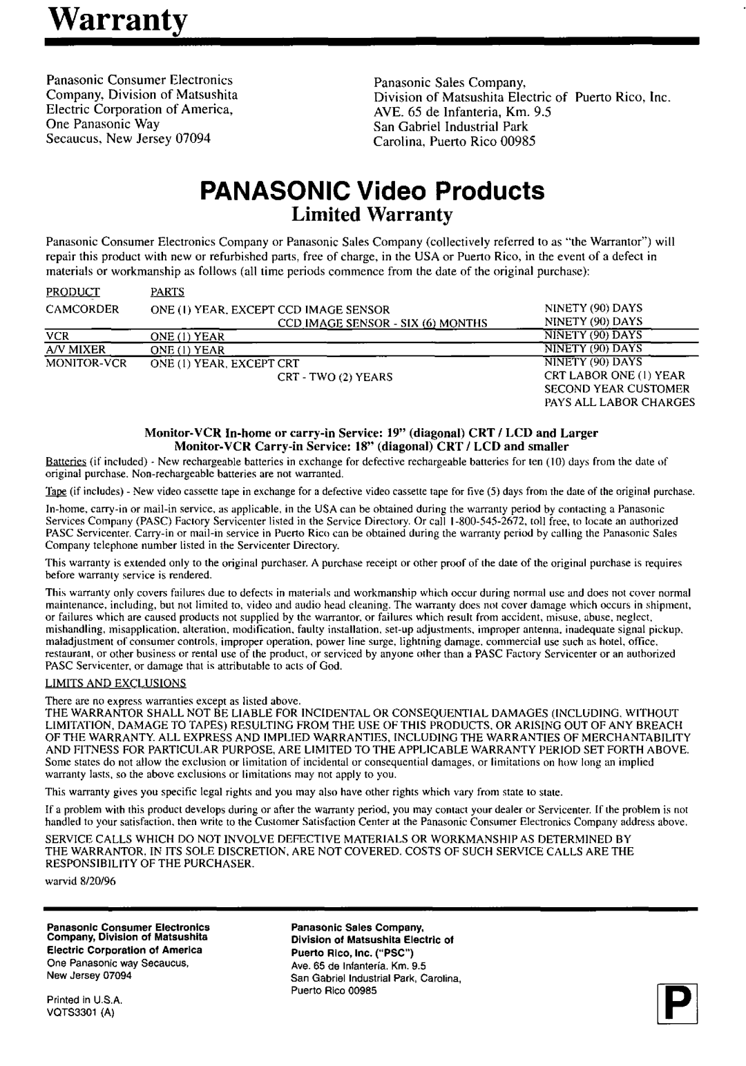 Panasonic PV-M2037 manual 