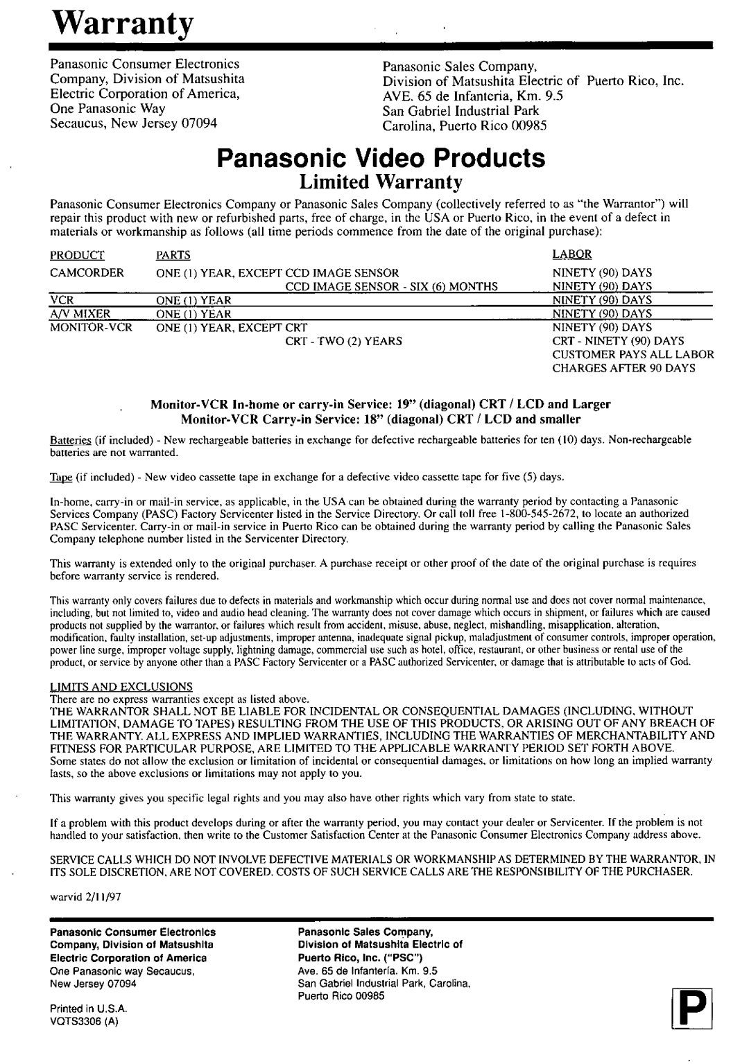 Panasonic PV-M2057 manual 