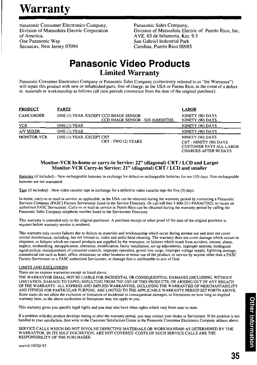 Panasonic PV-M2048, PV-M2058 manual 