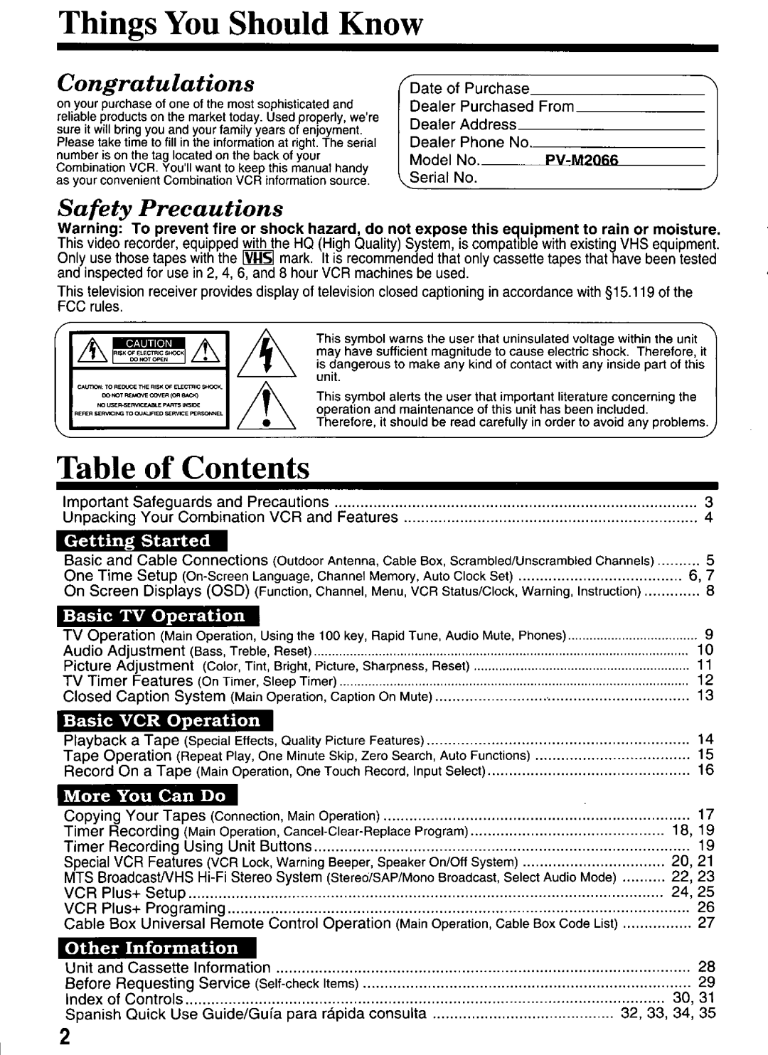 Panasonic PV-M2066 manual 