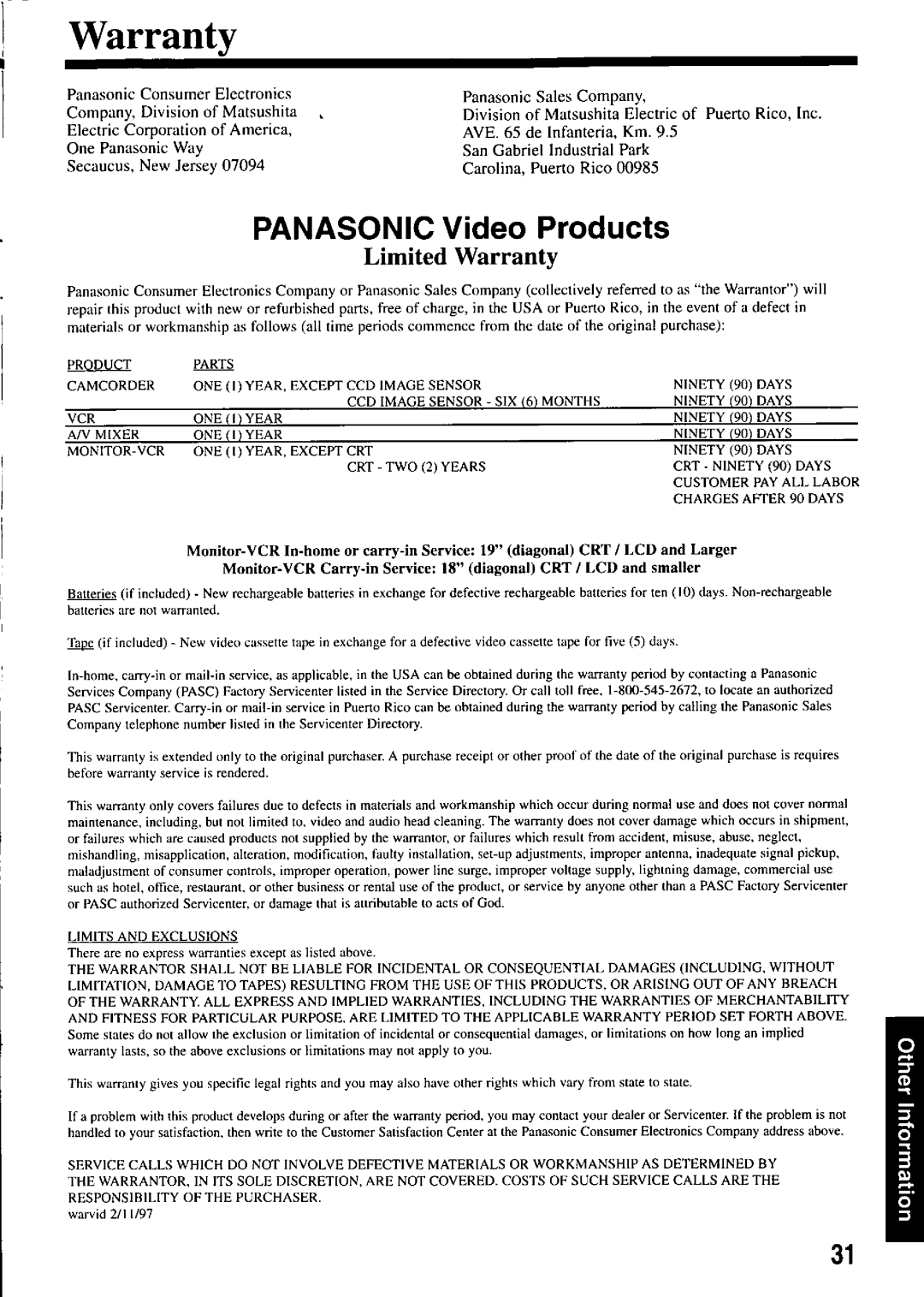 Panasonic PV-M2737 manual 