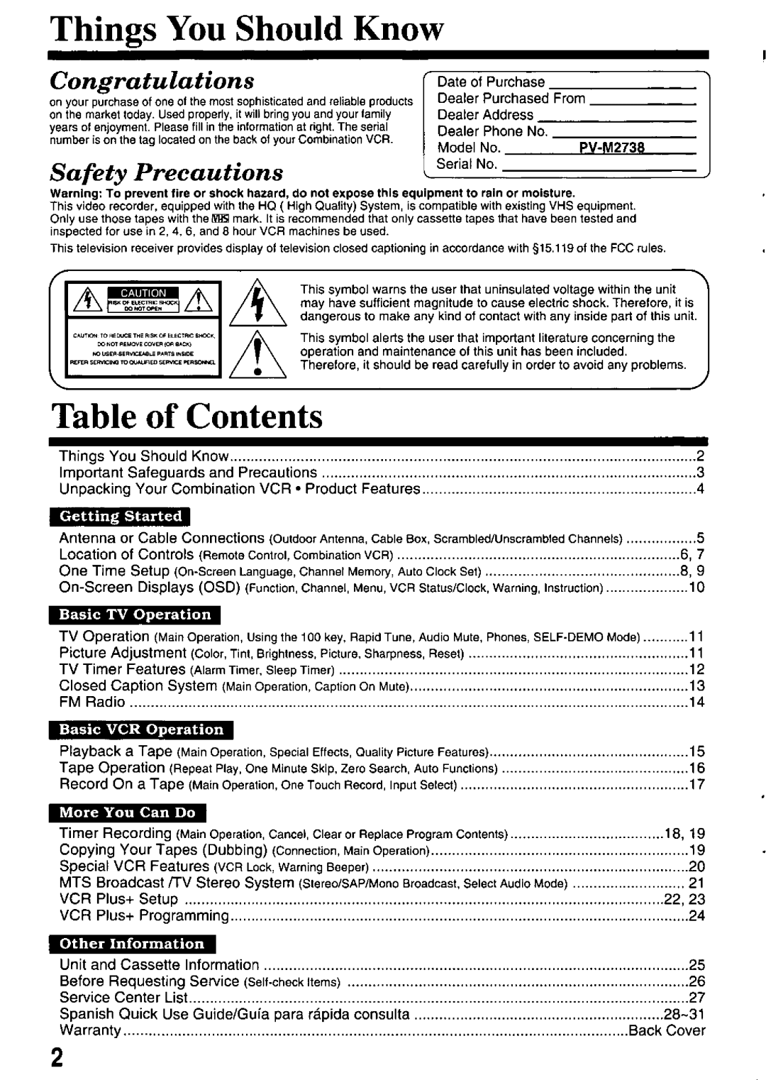 Panasonic PV-M2738 manual 