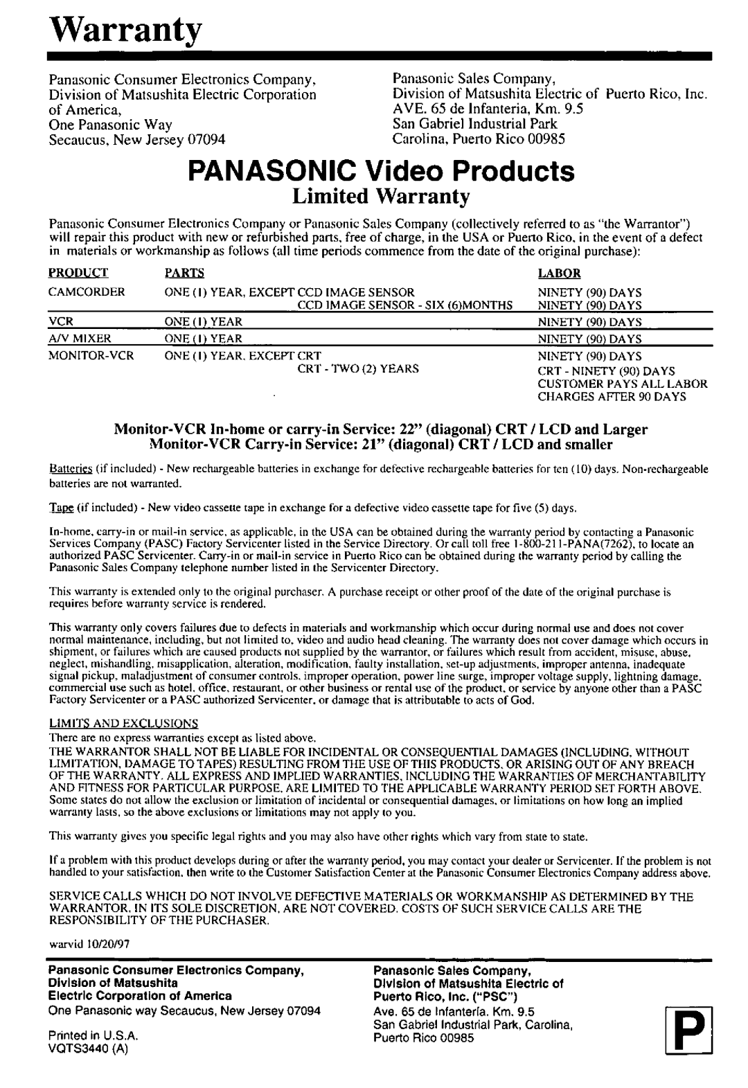 Panasonic PV-M2738 manual 