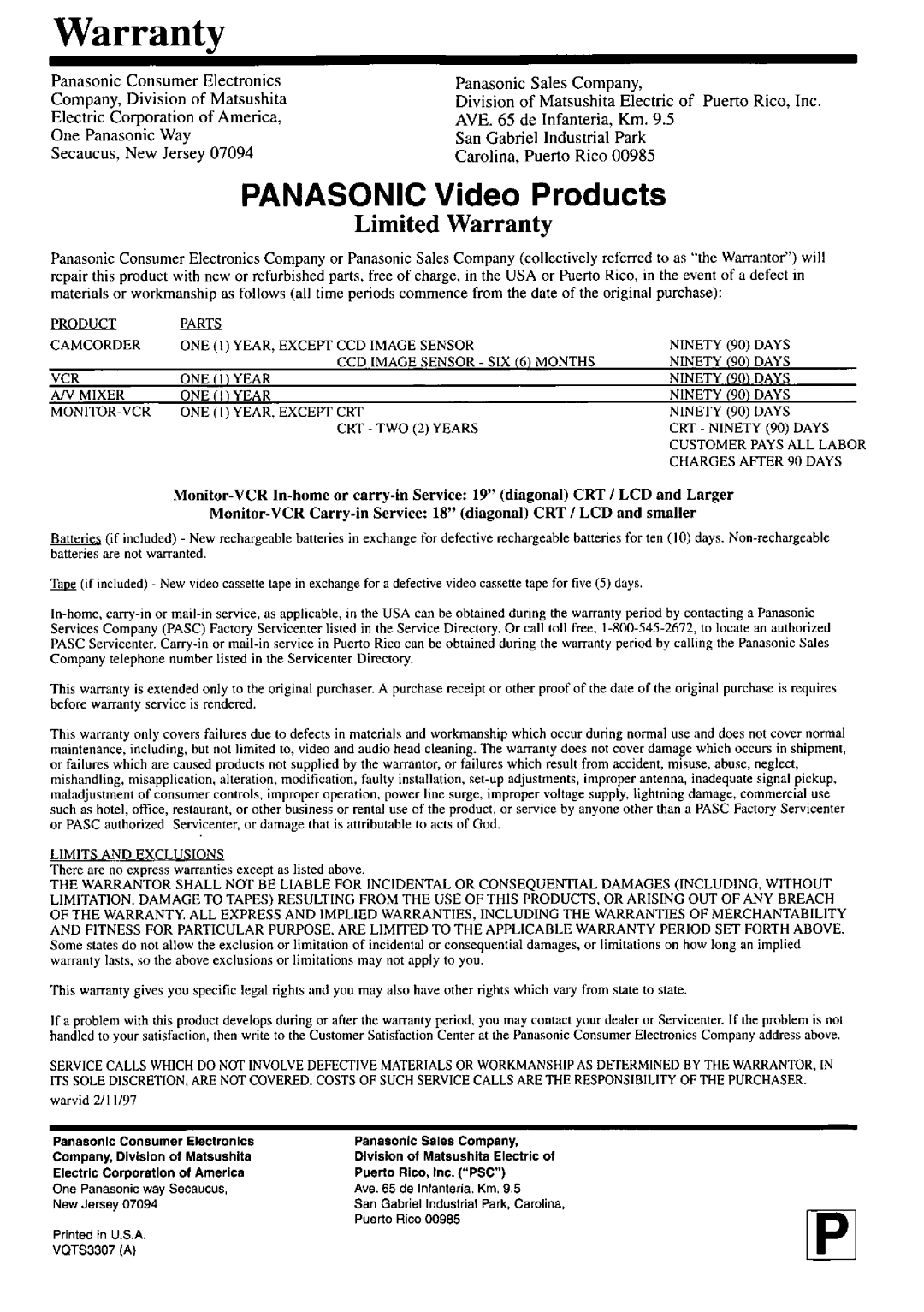 Panasonic PV-M2767 manual 