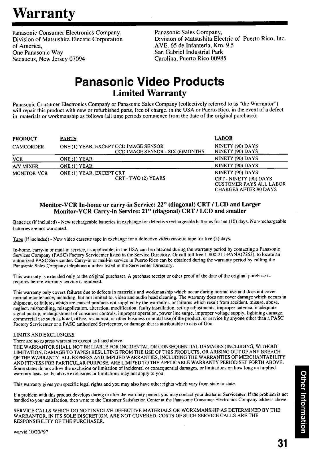Panasonic PV-M2768 manual 