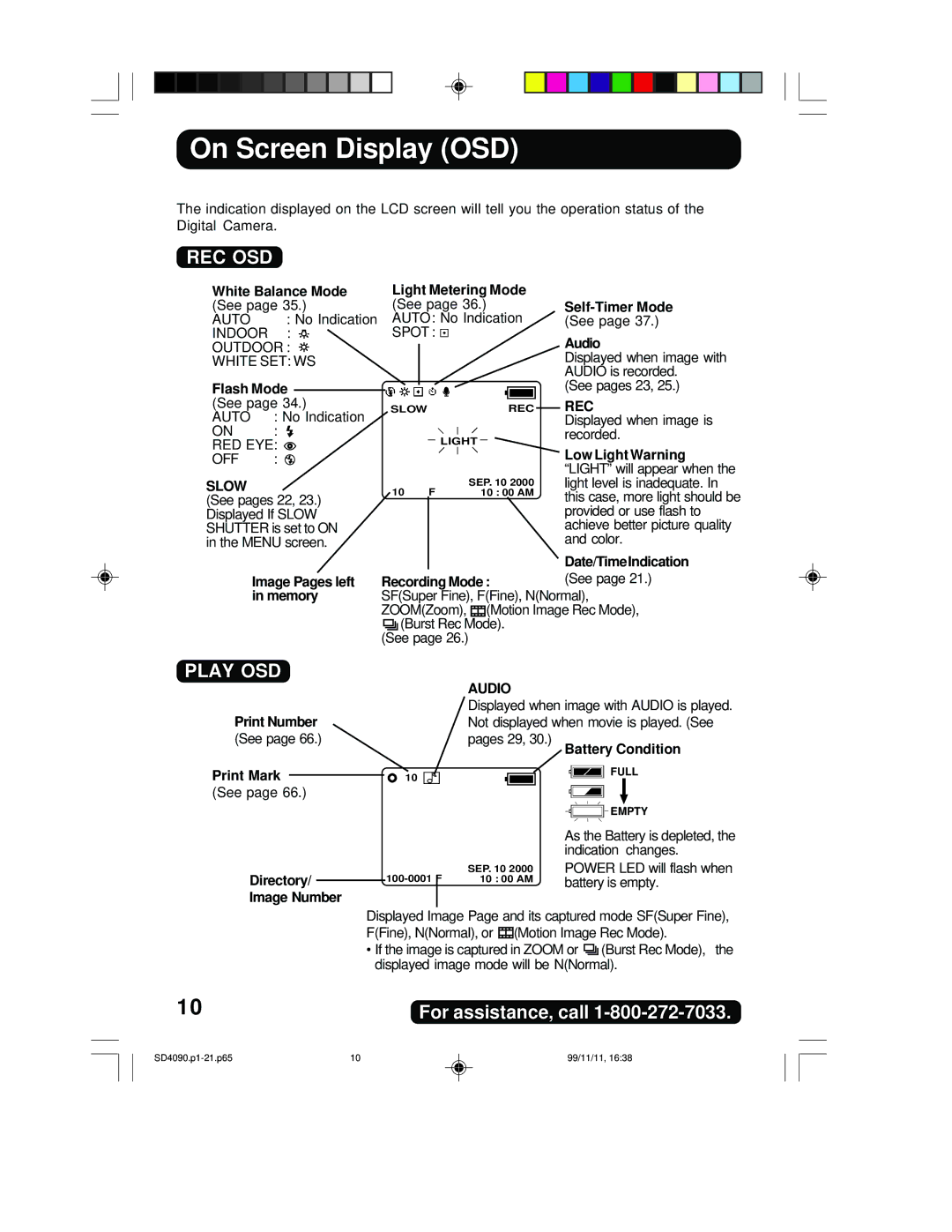 Panasonic PV-SD4090 operating instructions On Screen Display OSD, Slow, Rec, Audio 