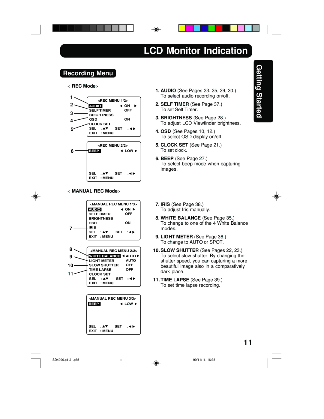 Panasonic PV-SD4090 operating instructions LCD Monitor Indication, Recording Menu 