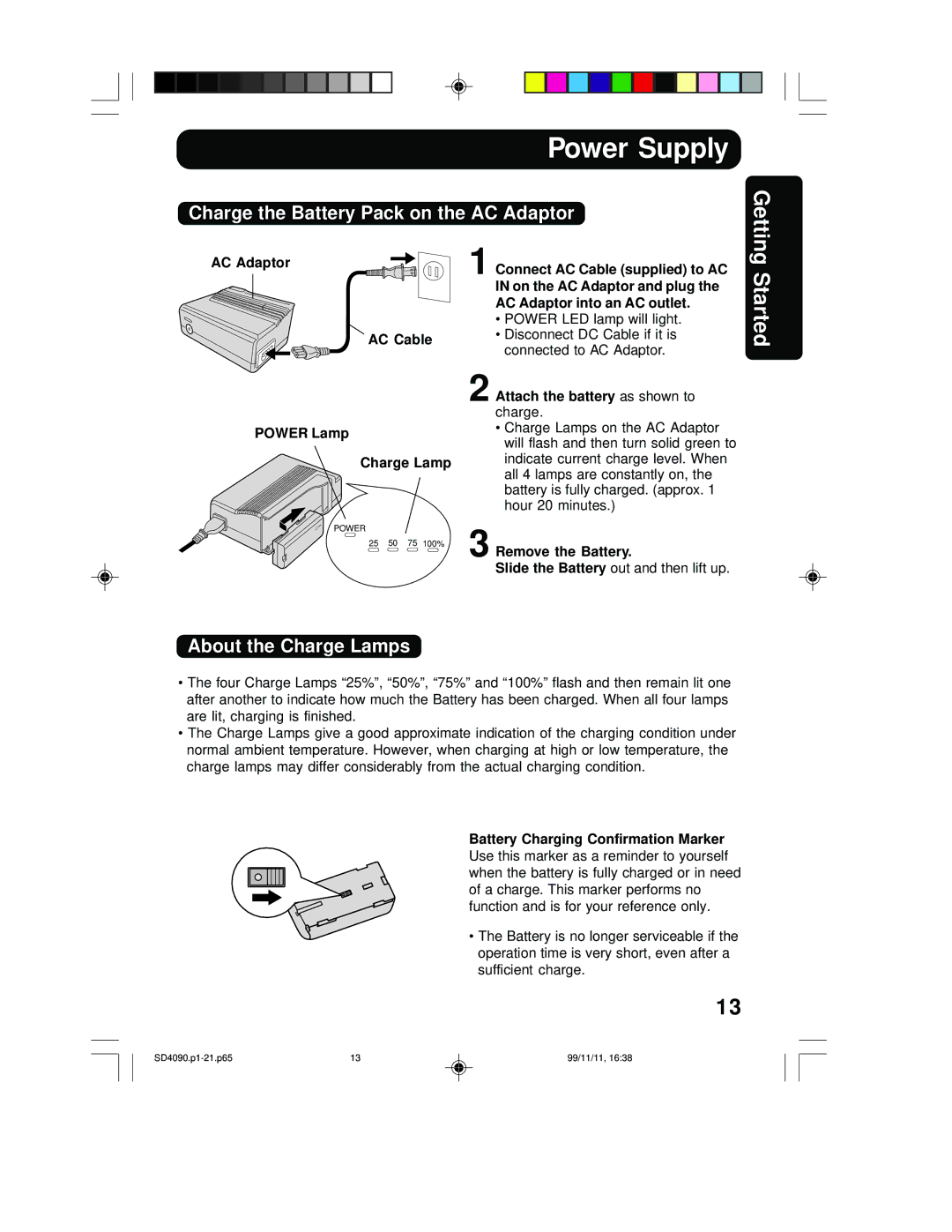 Panasonic PV-SD4090 operating instructions Power Supply, Charge the Battery Pack on the AC Adaptor, About the Charge Lamps 