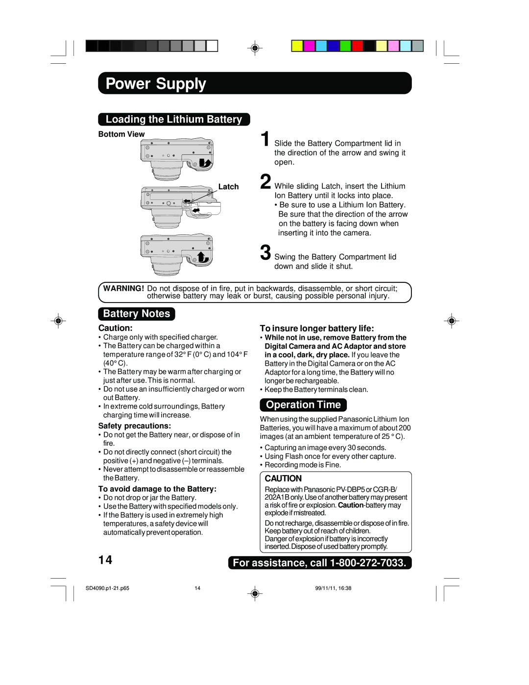 Panasonic PV-SD4090 operating instructions Loading the Lithium Battery, Battery Notes, Operation Time 