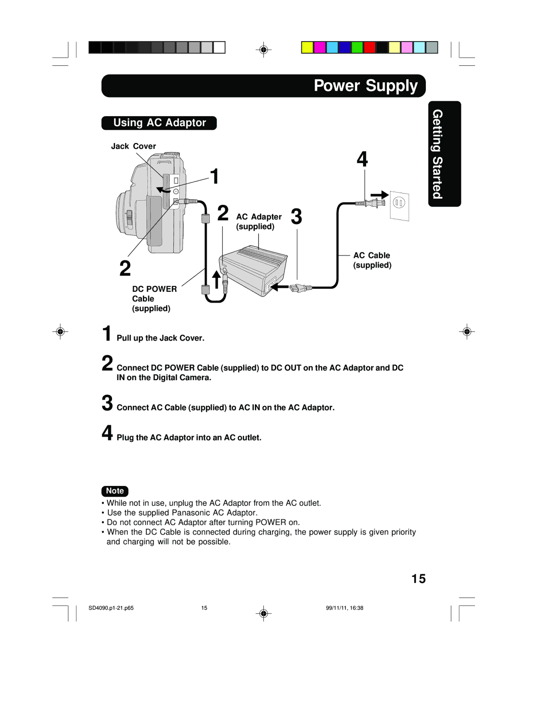 Panasonic PV-SD4090 operating instructions Using AC Adaptor, Jack Cover AC Adapter 3 supplied AC Cable Supplied, DC Power 