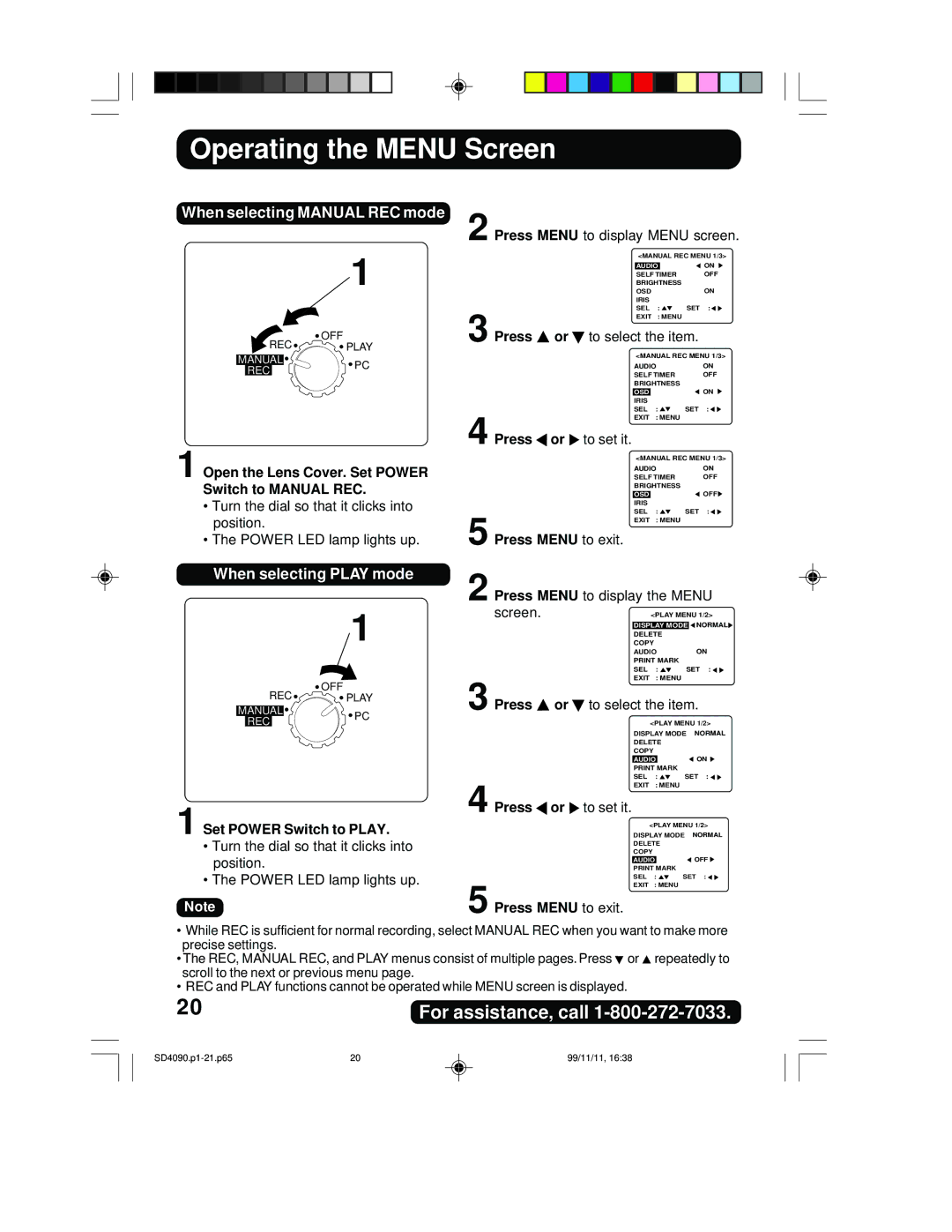 Panasonic PV-SD4090 Set Power Switch to Play, Press Menu to exit Press Menu to display the Menu Screen, Or to set it 