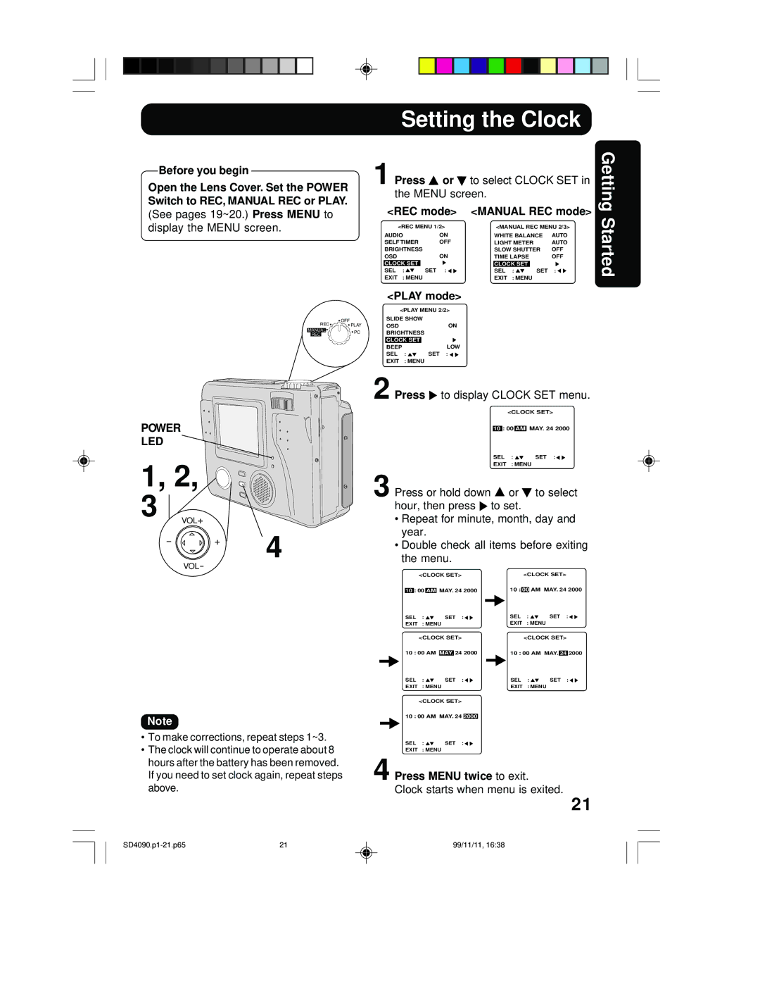 Panasonic PV-SD4090 operating instructions Setting the Clock, Power LED 