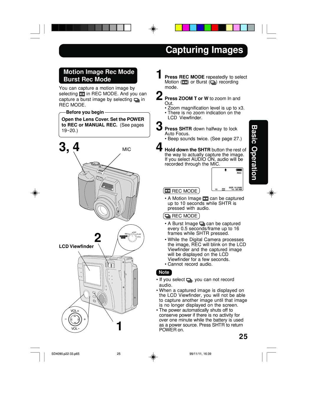 Panasonic PV-SD4090 operating instructions Motion Image Rec Mode Burst Rec Mode, Hold down the Shtr button the rest 