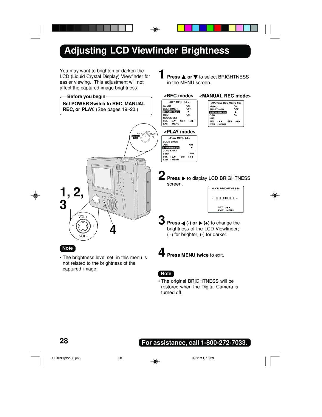 Panasonic PV-SD4090 Adjusting LCD Viewfinder Brightness, Press or + to change the brightness of the LCD Viewfinder 