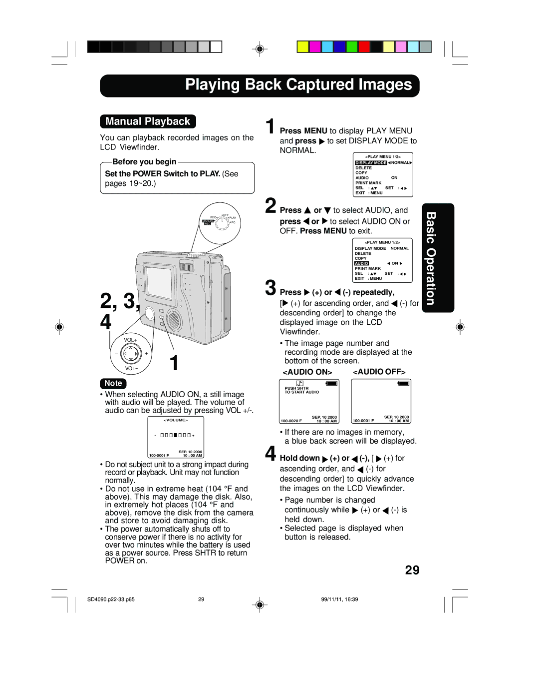 Panasonic PV-SD4090 operating instructions Playing Back Captured Images, Manual Playback, Audio on 