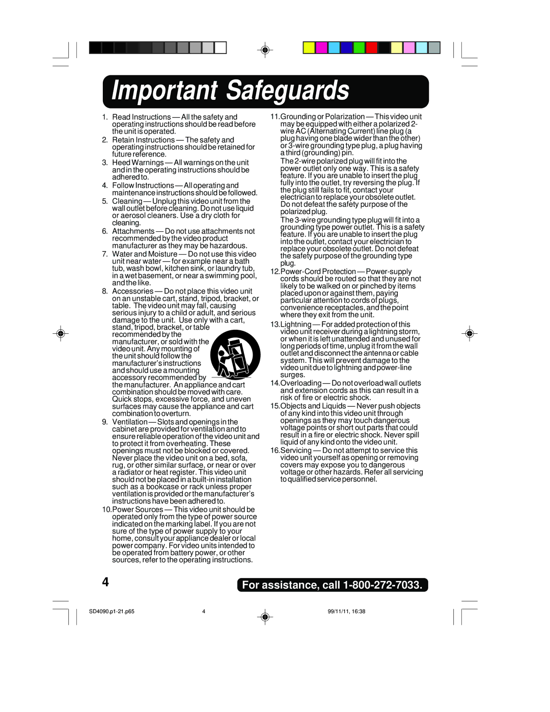 Panasonic PV-SD4090 operating instructions Important Safeguards 