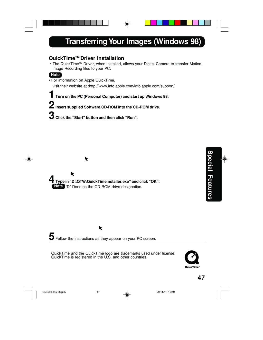 Panasonic PV-SD4090 operating instructions QuickTimeTM Driver Installation 