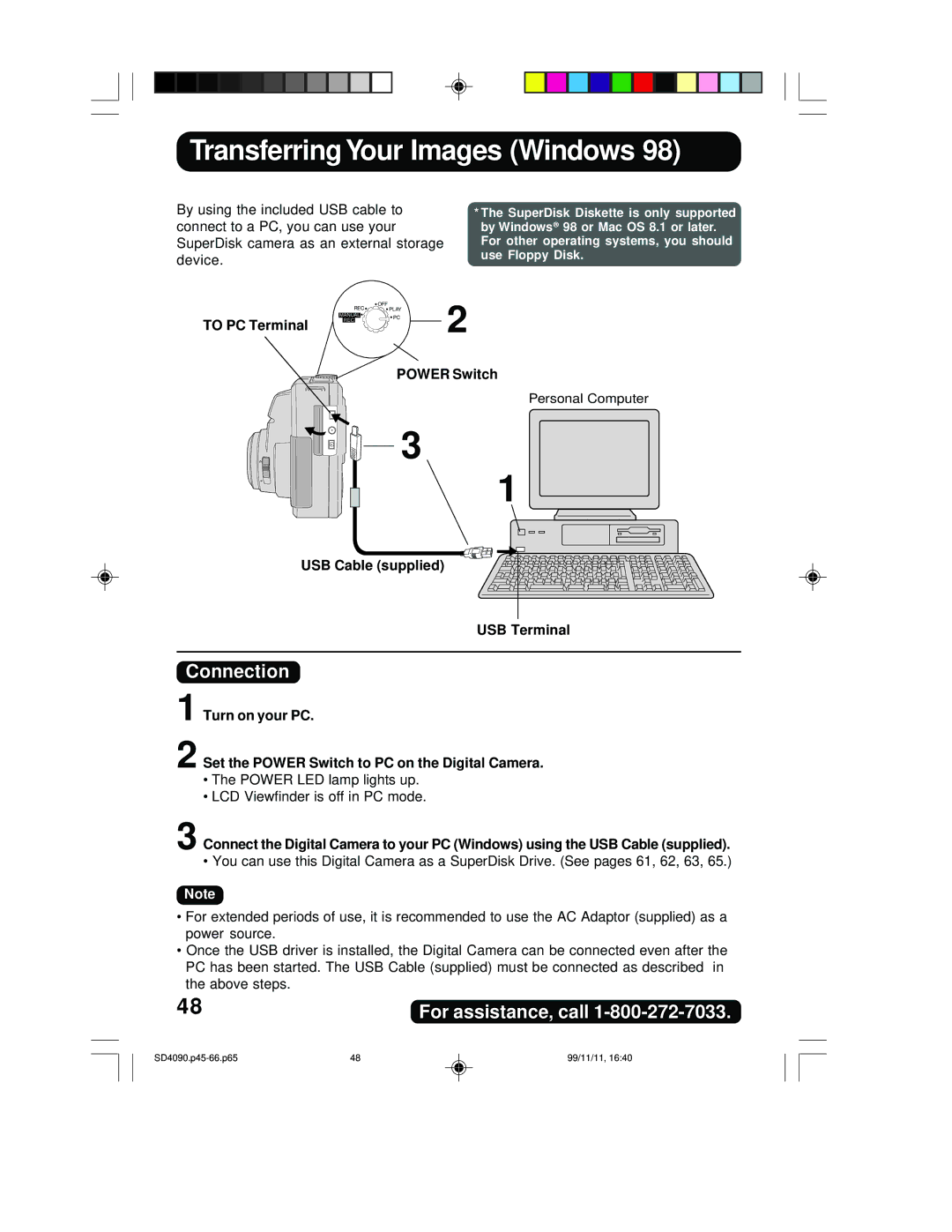 Panasonic PV-SD4090 operating instructions Connection, Power Switch, USB Cable supplied USB Terminal 