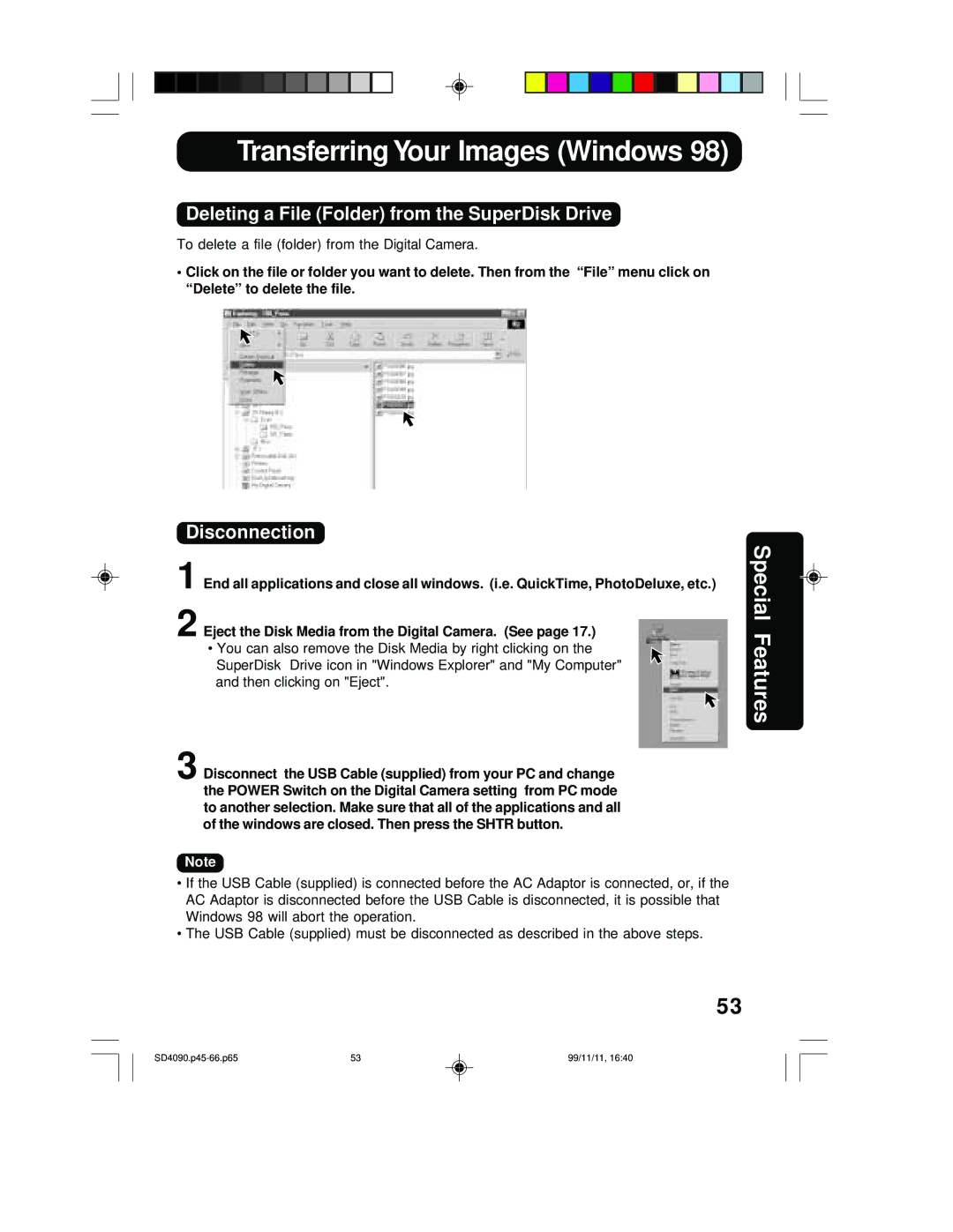 Panasonic PV-SD4090 operating instructions Deleting a File Folder from the SuperDisk Drive, Disconnection 