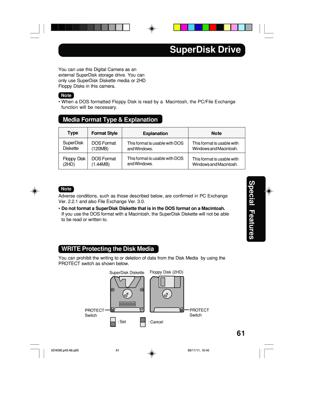 Panasonic PV-SD4090 SuperDisk Drive, Media Format Type & Explanation, Write Protecting the Disk Media 