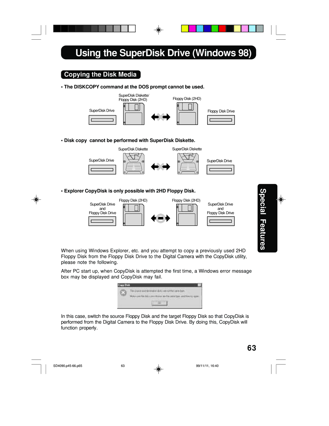 Panasonic PV-SD4090 operating instructions Copying the Disk Media, Diskcopy command at the DOS prompt cannot be used 