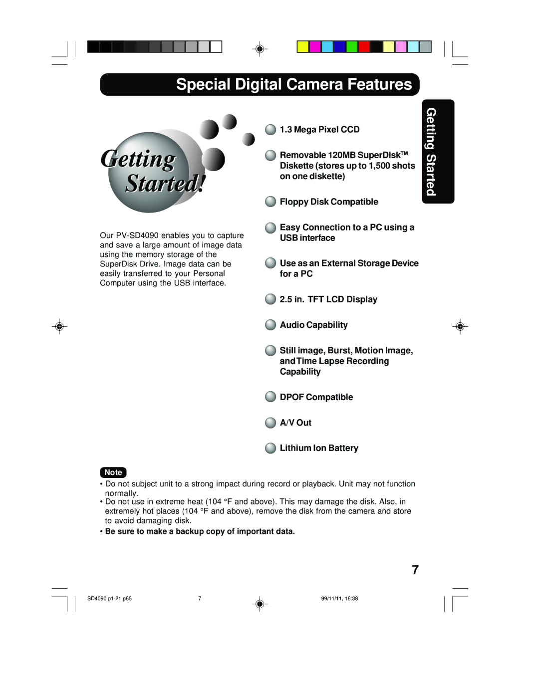 Panasonic PV-SD4090 operating instructions Special Digital Camera Features, Be sure to make a backup copy of important data 