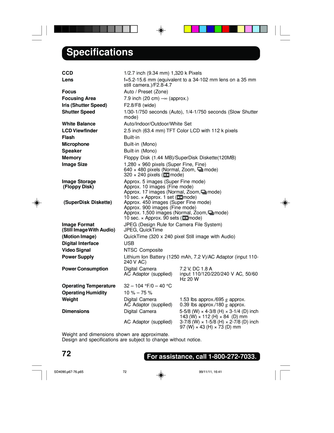 Panasonic PV-SD4090 operating instructions Specifications, Ccd 