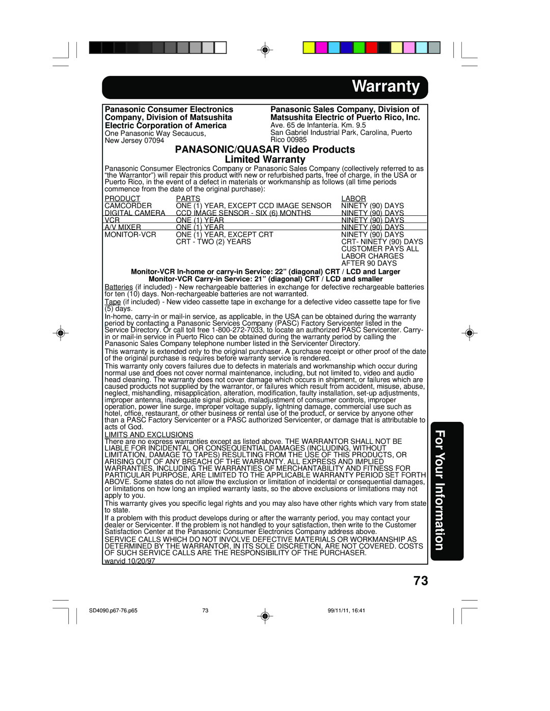 Panasonic PV-SD4090 operating instructions PANASONIC/QUASAR Video Products Limited Warranty 