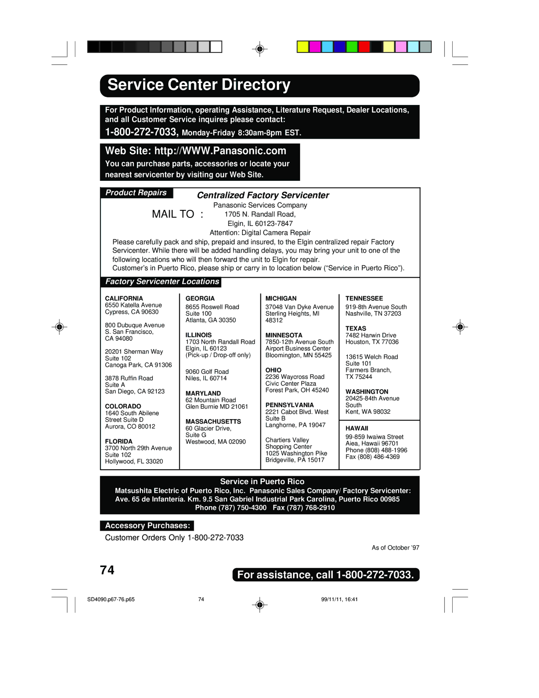 Panasonic PV-SD4090 operating instructions Service Center Directory, Centralized Factory Servicenter 