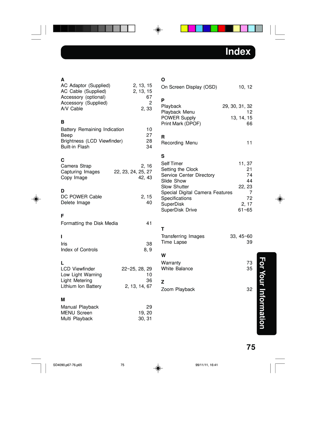 Panasonic PV-SD4090 operating instructions Index, Information 