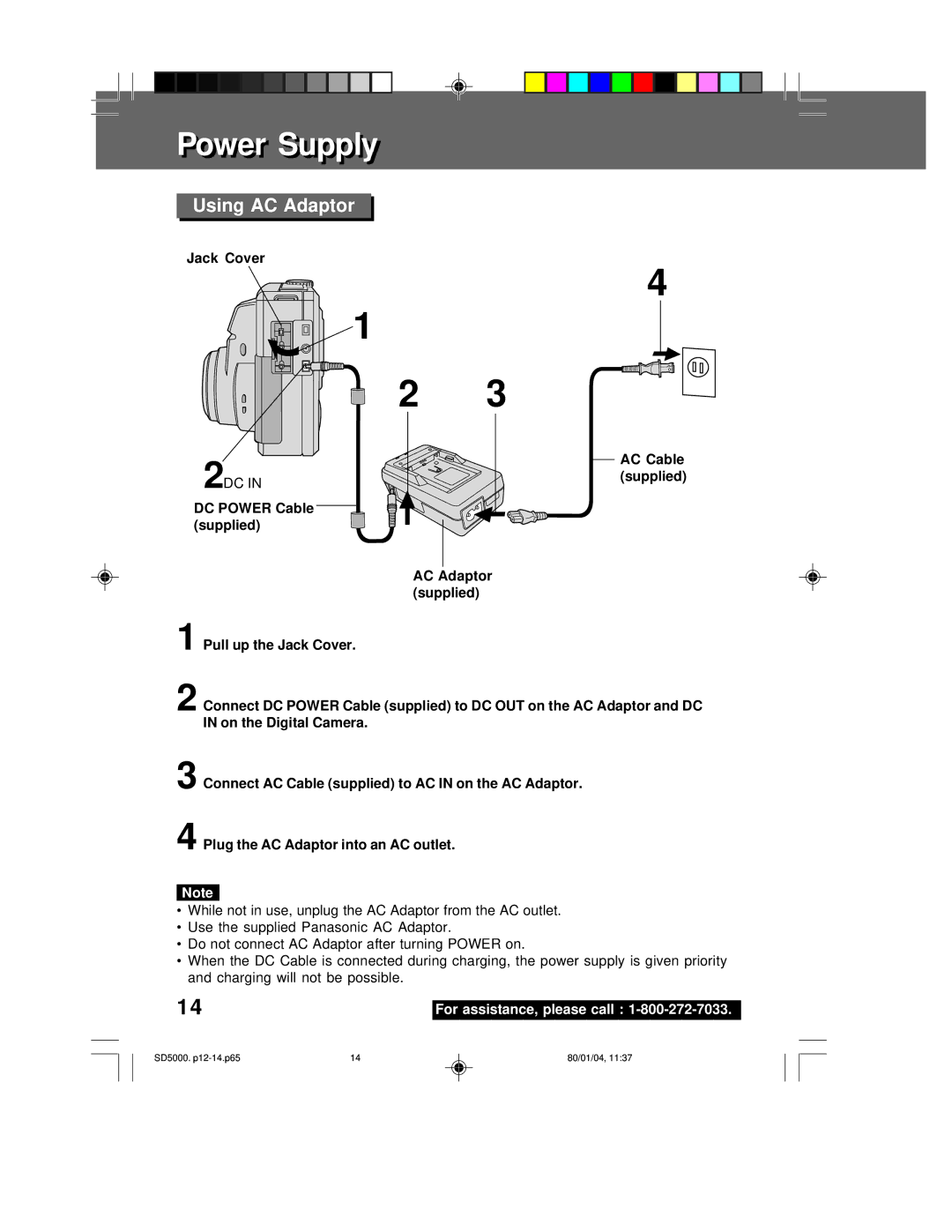 Panasonic PV-SD5000 operating instructions Using AC Adaptor, Jack Cover 